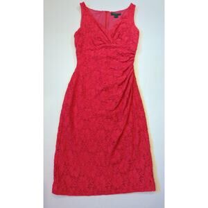 LAUREN RALPH LAUREN Pink VNeck Ruched Sheath Dress Lace Overlay women's size 6